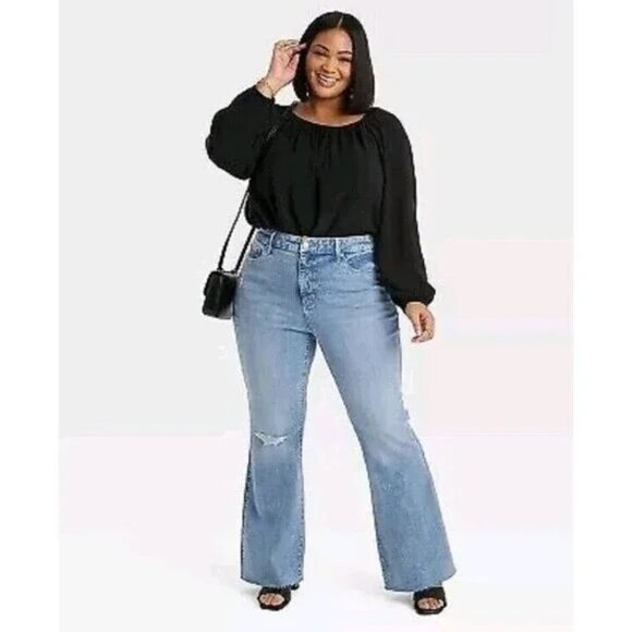 AVA & VIV Jeans Womens 20 Blue Denim High Rise Flare Raw Hem Stretch Fair Trade - Picture 1 of 9